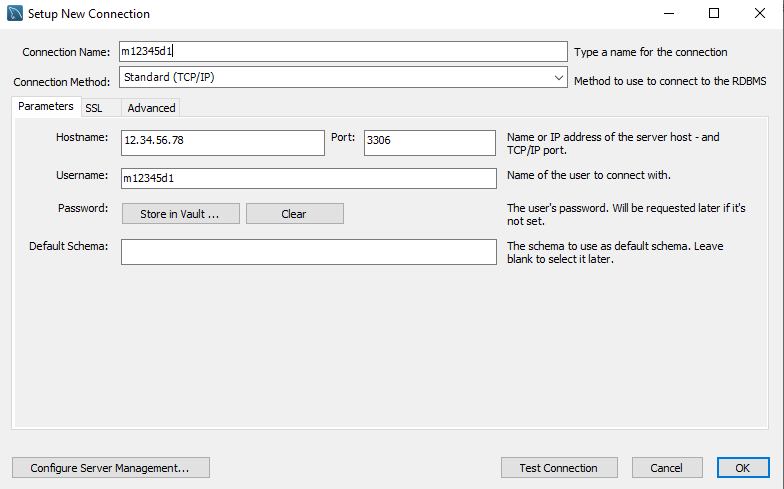 Form di connessione MySQL Workbench compilato