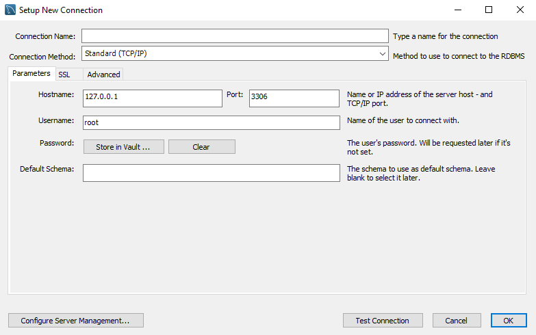 Form di connessione MySQL Workbench